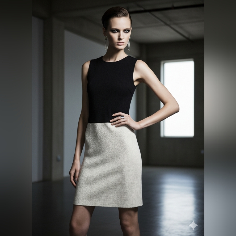 Elegant St. John Collection Black and Cream Sleeveless Dress